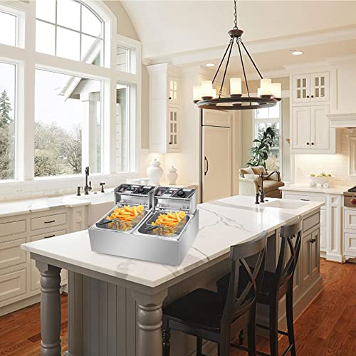 Kommerzielle Fritteuse Elektrisches Fett Arbeitsplattenöl 12 Liter 5000W Edelstahl mit Timer und Temperaturregelung für Restaurant und Zuhause (Doppeltank) von Generic