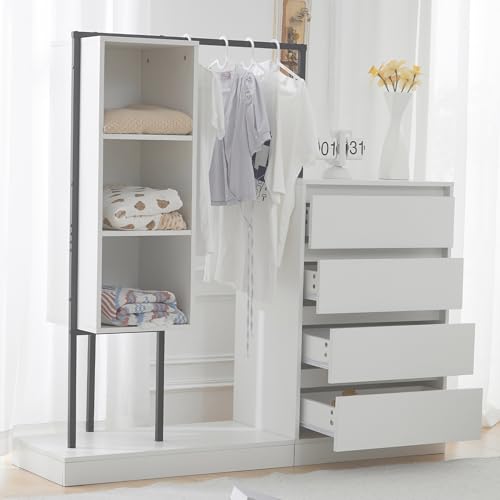 Kommode Kleiderschrank Set mit Kleiderstange 4 Schubladen Offener Lagerraum Sideboard für Schlafzimmer Wohnzimmer Stauschrank Kabinett Weiß von Generic
