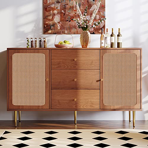 Kommode mit 2 Rattan Türen 3 Schubladen Sideboard mit Verstellbare Ablage Anrichte für Wohnzimmer Schlafzimmer Esszimmer Küchen Buffetschrank Nussbaum 150x40x90 cm von Generic
