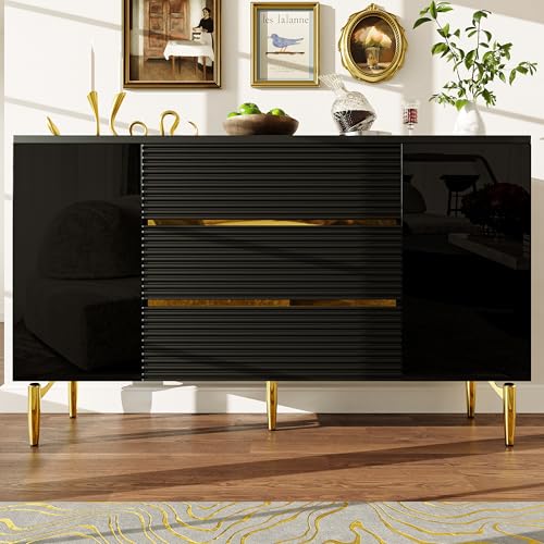 Kommode mit 2 Türen 3 Schubladen Kariertes Sideboard für Esszimmer Küche Wohnzimmer Schlafzimmer Anrichte Glänzende Goldverzierung Buffet Kabinett Schwarz von Generic
