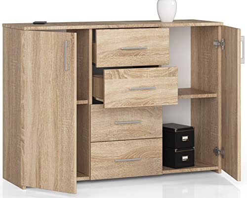 Kommode mit 4 Schubladen und Zwei Türen, Sideboard, Multifunktionsschrank, Wohnzimmer, Esszimmer 110x80x35cm VIELE Farbe! (Eiche Sonoma) von Generic