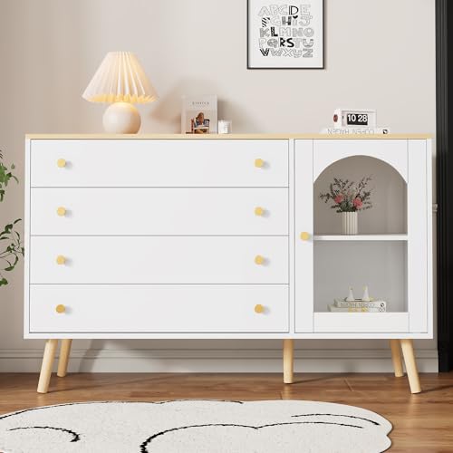 Kommode mit 4 breite Schubladen 1 Türen Sideboard für Esszimmer Küche Wohnzimmer Schlafzimmer Buffetschrank Massivholz Beine Kabinett Anrichte Weiß von Generic