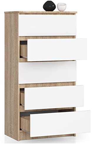 Kommode mit 5 Schubladen, Sideboard, Multifunktionsschrank, Wohnzimmer, Esszimmer 60x121x40cm (Eiche Sonoma/Weiß) von Generic