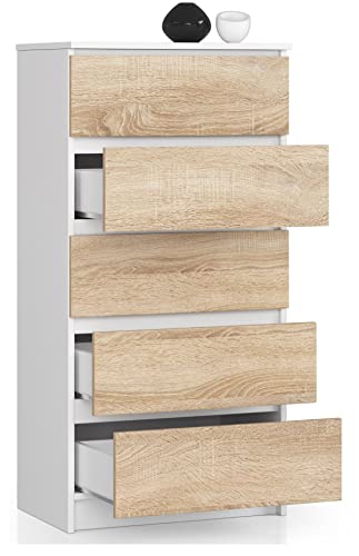 Kommode mit 5 Schubladen, Sideboard, Multifunktionsschrank, Wohnzimmer, Esszimmer 60x121x40cm (Weiß/Eiche Sonoma) von Generic