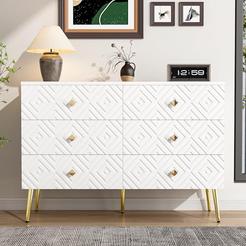 Kommode mit 6 Schubladen Sideboard mit Geometrischen Mustern und diamantförmigen Griffen Anrichte für Küche Wohnzimmer Esszimmer Schlafzimmer Buffet Kabinett Weiß+Golden von Generic