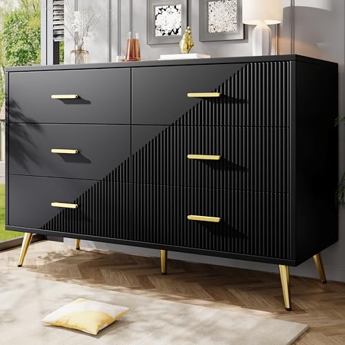 Kommode mit 6 Schubladen – moderner Aufbewahrungsschrank aus MDF mit 3D-Türdesign und goldenen Beinen, Sideboard für Schlafzimmer, Wohnzimmer und Esszimmer von Generic