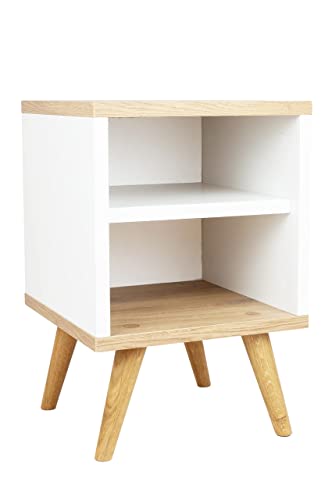 Nachtschrank Weiss-Eiche mit Regal - Minimalistisch Beistelltisch Holz Seitenschrank - Betttisch - Nachttisch schmal – Nachtkästchen auf Holzbeinen von Generic