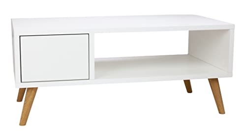 Kleiner Couchtisch Weiß - Minimalistisch Beistelltisch Holz - Betttisch- Nachttisch schmal auf Holzbeinen - Nachtkästchen mit Schublade (Weiß) von Generic