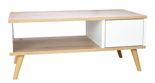 Kleiner Couchtisch Weiß -Eiche - Minimalistisch Beistelltisch Holz - Betttisch- Nachttisch schmal auf Holzbeinen - Nachtkästchen mit Schublade (Weiß-Eiche) von Generic