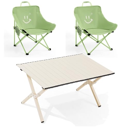 Kompakter Campingstuhl Faltbar, Leichtes Zusammenklappbares Freizeitstuhl-Set mit Seitentasche und Tragetasche, Tragbar zum Wandern, Picknick, Strand(Green,Large) von Generic