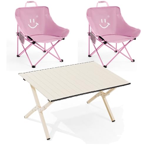 Kompakter Campingstuhl Faltbar, Leichtes Zusammenklappbares Freizeitstuhl-Set mit Seitentasche und Tragetasche, Tragbar zum Wandern, Picknick, Strand(Pink,Large) von Generic