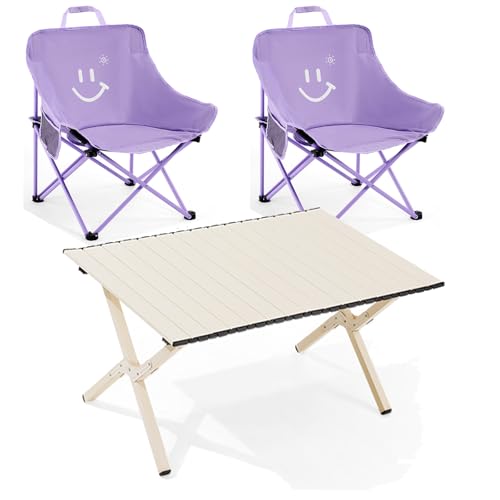 Kompakter Campingstuhl Faltbar, Leichtes Zusammenklappbares Freizeitstuhl-Set mit Seitentasche und Tragetasche, Tragbar zum Wandern, Picknick, Strand(Purple,Large) von Generic