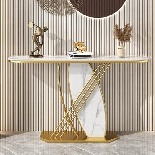Konsolentisch, Moderner Konsolentisch In Gold Und Schwarz Mit Metallgestell, Schmaler Eingangstisch Aus Kunstmarmor, Breiterer Langer Tisch Mit Tischplatte, Gold, 150x30x80cm von Generic