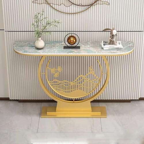 Konsolentisch Schmal Italienischer Stil Leichter Luxus Steinplatte Flurtisch mit Doppelschichtigem Verstärktem Goldfuß Flur Möbel für Eingangsbereich, Wohnzimmer, Flur(Green,120 * 30 * 80cm) von Generic