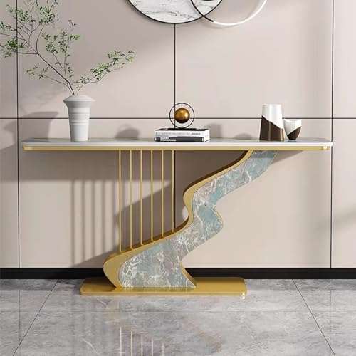 Konsolentisch Schmal Nordeuropa Leichter Luxus-console Table Aus Steinplatten Gold Mehrschichtig Lackierter Metallrahmen Sofatisch Bogenecken Für Eingangsbereich, Wohnzimmer, Flur(Green,100*30*80cm) von Generic