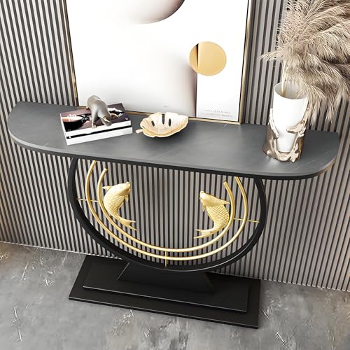 Konsolentisch Schmaler Beistelltisch mit Steinplatte Doppelfisch Dekor und Hitzebeständiger für Flur, Schlafzimmer Oder Wohnzimmer(Gray,120 * 30 * 80cm) von Generic
