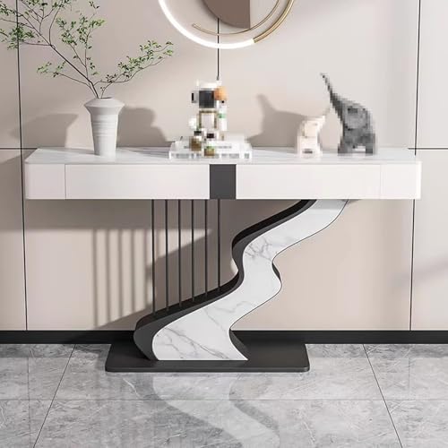 Konsolentisch mit Schubladen Weiß Gold Verdickte Steinplatte Moderner Konsolentisch mit Metallsockel Abgerundete Ecken für Eingangsbereich, Wohnzimmer(A,120 * 35 * 92cm) von Generic