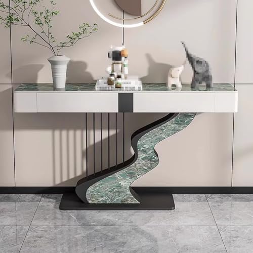 Konsolentisch mit Schubladen Weiß Gold Verdickte Steinplatte Moderner Konsolentisch mit Metallsockel Abgerundete Ecken für Eingangsbereich, Wohnzimmer(E,100 * 35 * 92cm) von Generic