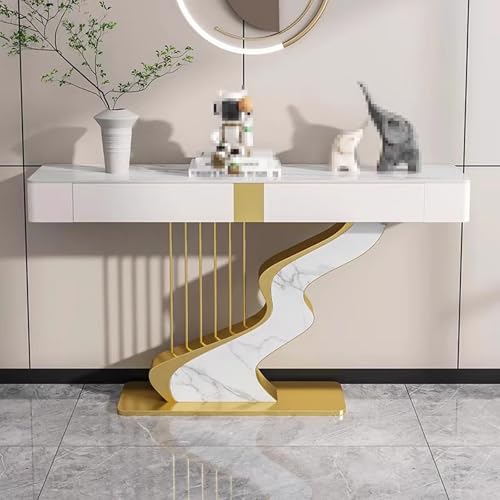 Konsolentisch mit Schubladen Weiß Gold Verdickte Steinplatte Moderner Konsolentisch mit Metallsockel Abgerundete Ecken für Eingangsbereich, Wohnzimmer(F,100 * 35 * 92cm) von Generic