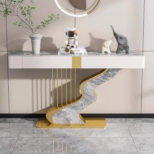 Konsolentisch mit Schubladen Weiß Gold Verdickte Steinplatte Moderner Konsolentisch mit Metallsockel Abgerundete Ecken für Eingangsbereich, Wohnzimmer(G,100 * 35 * 92cm) von Generic