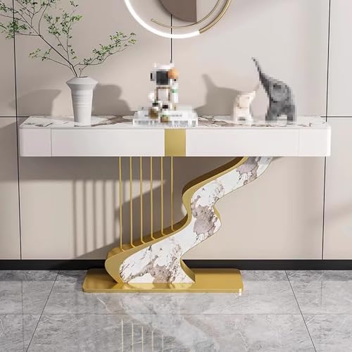 Konsolentisch mit Schubladen Weiß Gold Verdickte Steinplatte Moderner Konsolentisch mit Metallsockel Abgerundete Ecken für Eingangsbereich, Wohnzimmer(H,120 * 35 * 92cm) von Generic