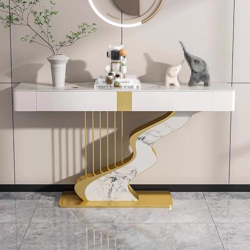 Konsolentisch mit Schubladen Weiß Gold Verdickte Steinplatte Moderner Konsolentisch mit Metallsockel Abgerundete Ecken für Eingangsbereich, Wohnzimmer(I,120 * 35 * 92cm) von Generic