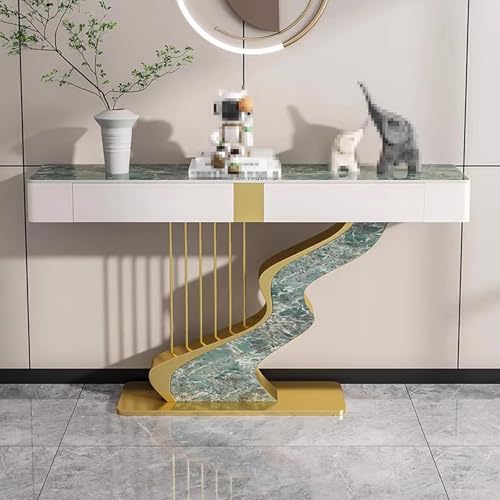 Konsolentisch mit Schubladen Weiß Gold Verdickte Steinplatte Moderner Konsolentisch mit Metallsockel Abgerundete Ecken für Eingangsbereich, Wohnzimmer(J,100 * 35 * 92cm) von Generic
