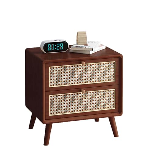 Korb-Nachttisch mit 2 Schubladen, Kleiner Nachttisch mit Stauraumfunktion, Schlafzimmer-Beistelltisch, im Bohème-Stil mit Massivholzbeinen, moderner Naturstil(Cherry,35cm(13.8inch)) von Generic