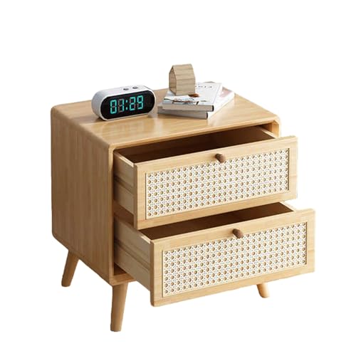 Korb-Nachttisch mit 2 Schubladen, Kleiner Nachttisch mit Stauraumfunktion, Schlafzimmer-Beistelltisch, im Bohème-Stil mit Massivholzbeinen, moderner Naturstil(Natural,35cm(13.8inch)) von Generic