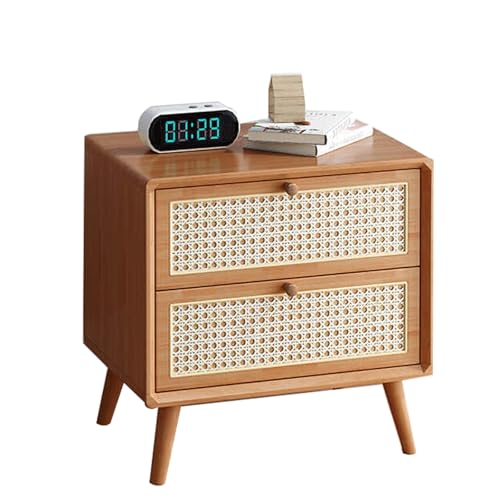Korb-Nachttisch mit 2 Schubladen, Kleiner Nachttisch mit Stauraumfunktion, Schlafzimmer-Beistelltisch, im Bohème-Stil mit Massivholzbeinen, moderner Naturstil(Walnut,48cm(18.9inch)) von Generic