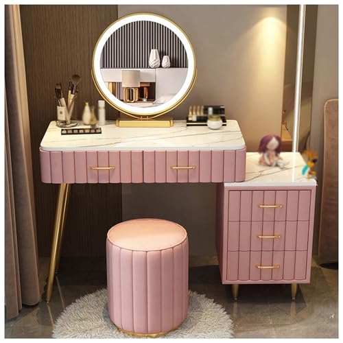Kosmetiktisch mit 3-Farben-Touchscreen Spiegel, 5 Schubladen, Schminktisch-Set mit Rundem Hocker, für Frauen und Mädchen (Color : Pink, Size : 100x40x76cm/39x16x30in) von Generic