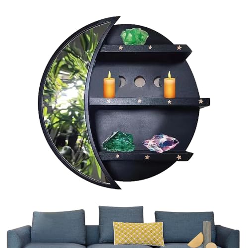 Kristallstein -Displayhalter - Boho Moon Shelf Stand für Kristalle, ätherische Ölflaschen | Hölzerne schwimmende Meditationswandregal, Mondphase -Anzeigeschelf für Heilsteine, böhmischer Schmuckhalter Kristallstein -Displayhalter - Boho Moon Shelf Stand für Kristalle, ätherische Ölflaschen | Hölzerne schwimmende Meditationswandregal, Mondphase -Anzeigeschelf für Heilsteine, böhmischer Schmuckhalter von Generic