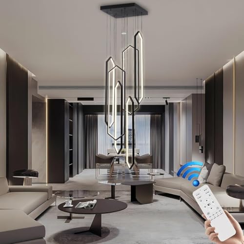 Kronleuchter Moderne Wohnzimmerleuchte Aluminium 6 Ring Led Schwarz Große Moderne Treppenleuchte Dimmbare Hohe Deckenbeleuchtung Mit Fernbedienung Geeignet Für K, One Color, 6 Lights-20x80cm von Generic