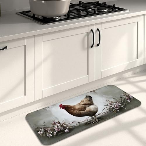 Küchenmatten Bauernhof Bodenmatten Rustikales Huhn Floral Muster Weich Gepolstert Gemütlich Waschbar Rutschfest Küchenspüle Waschküche Badezimmer 16x47 von Generic