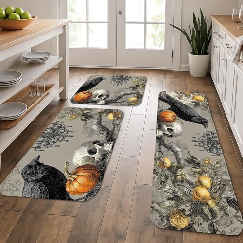 Küchenmatten im Vintage-Stil für Boden, Halloween, Totenkopf und Kürbis, weiche Matten, gepolstert, bequem, waschbar, rutschfest, Dekor-Teppiche für Küchenspüle, Waschküche, 3 Stück Küchenmatten im Vintage-Stil für Boden, Halloween, Totenkopf und Kürbis, weiche Matten, gepolstert, bequem, waschbar, rutschfest, Dekor-Teppiche für Küchenspüle, Waschküche, 3 Stück von Generic