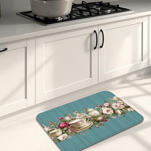 Küchenmatten mit Blumenmuster, Vintage-Teetassenmuster, weiche Matten, gepolstert, bequem, waschbar, rutschfest, Dekor-Teppiche für Küchenspüle, Waschküche, Badezimmer, 50,8 x 78,9 cm von Generic