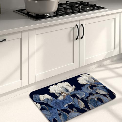 Küchenmatten mit Blumenmuster für den Boden, blaue und weiße Iris-Muster, weiche Matten, gepolstert, bequem, waschbar, rutschfest, Dekor-Teppiche für Küchenspüle, Waschküche, Badezimmer, 50,8 x 78,9 Küchenmatten mit Blumenmuster für den Boden, blaue und weiße Iris-Muster, weiche Matten, gepolstert, bequem, waschbar, rutschfest, Dekor-Teppiche für Küchenspüle, Waschküche, Badezimmer, 50,8 x 78,9 von Generic