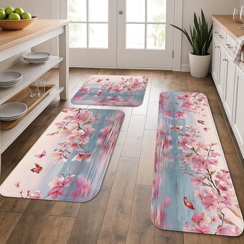 Küchenmatten mit Kirschblüten für Boden, Blumenmuster, Aquarell, weiche Matten, gepolstert, bequem, waschbar, rutschfest, Dekor-Teppiche für Küche, Waschbecken, Waschküche, Badezimmer, 3 Stück Küchenmatten mit Kirschblüten für Boden, Blumenmuster, Aquarell, weiche Matten, gepolstert, bequem, waschbar, rutschfest, Dekor-Teppiche für Küche, Waschbecken, Waschküche, Badezimmer, 3 Stück von Generic