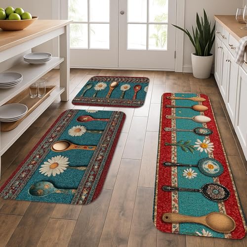 Küchenmatten mit Löffel-Motiv, Vintage, rustikal, dekorativ, weich, gepolstert, bequem, rutschfest, für Küchenspülen und Esszimmer, 3 Stück Küchenmatten mit Löffel-Motiv, Vintage, rustikal, dekorativ, weich, gepolstert, bequem, rutschfest, für Küchenspülen und Esszimmer, 3 Stück von Generic
