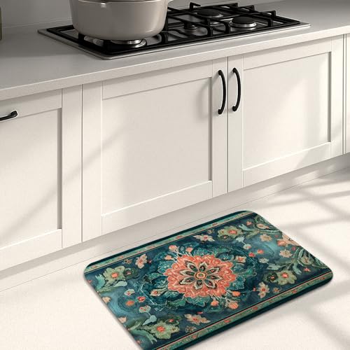 Küchenmatten mit Vintage-Blumenmuster für Boden, blaugrüne Blume, künstlerische, weiche Matten, gepolstert, bequem, waschbar, rutschfest, Dekor-Teppiche für Küchenspüle, Waschküche, Badezimmer, 50,8 x von Generic