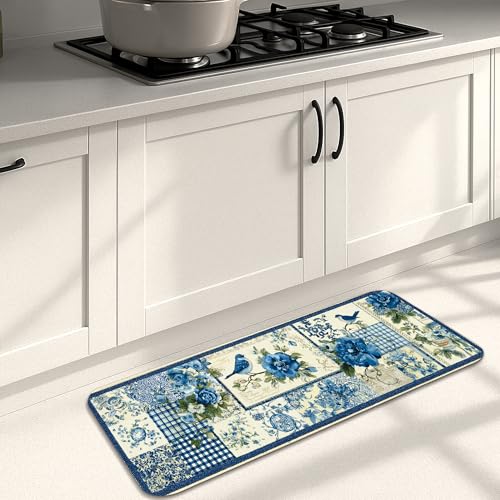 Küchenmatten mit blauem Blumenmuster, Vintage-Stil, blaue Rosen, weich, gepolstert, bequem, waschbar, rutschfeste Teppiche für Küchenspüle, Waschküche, Badezimmer, 40,6 x 129,9 cm Küchenmatten mit blauem Blumenmuster, Vintage-Stil, blaue Rosen, weich, gepolstert, bequem, waschbar, rutschfeste Teppiche für Küchenspüle, Waschküche, Badezimmer, 40,6 x 129,9 cm von Generic