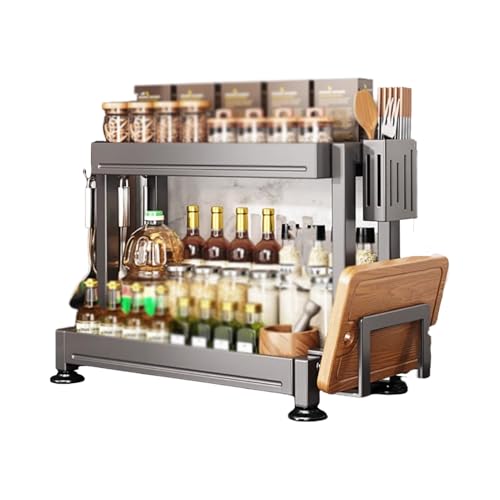 Küchenregal, Gewürzregal aus Metall for die Arbeitsplatte, doppellagig, mit Schneidebrett, Topfdeckelregal und Messer- und Gabeleimer(34cm) von Generic