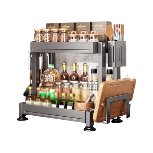 Küchenregal, Gewürzregal aus Metall for die Arbeitsplatte, doppellagig, mit Schneidebrett, Topfdeckelregal und Messer- und Gabeleimer(44cm) von Generic