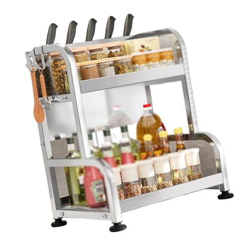 Küchenregal mit Messerhalter und 4 Haken, Schrank-Organizer, doppelstöckiger Arbeitsplatten-Organizer aus Karbonstahl, zur Gewürzorganisation(30cm) von Generic