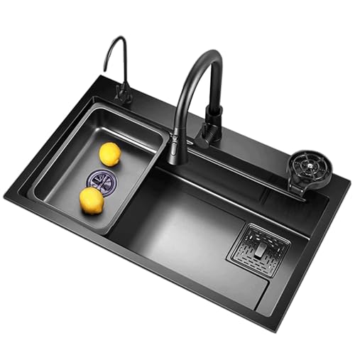 Küchenspüle, Spülbecken 1 Becken Schwarzer Edelstahl Multifunktionale Einbauspüle for die Arbeitsplatte Mit ausziehbarem Wasserhahn Verschiedene Zubehörteile(80 * 45cm/31.5 * 18in) von Generic