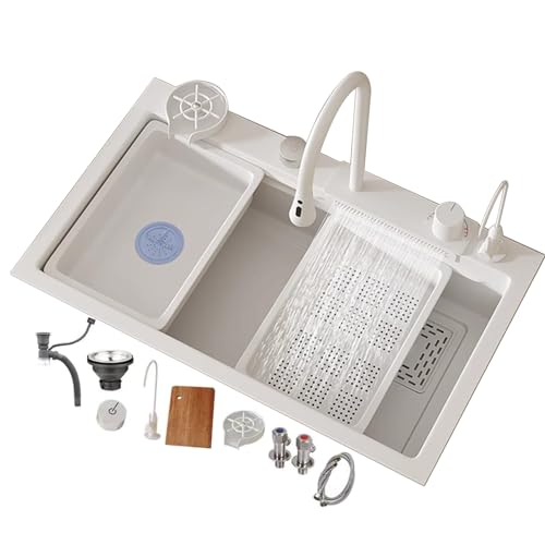 Küchenspüle Mit Wasserfall Wasserhahn 304 Edelstahlspüle Gold, Schwarz, Weiß Spüle Einzelbecken Spüle Multi-fution Spüle Komplettes Zubehör, White, 80x45cm von Generic