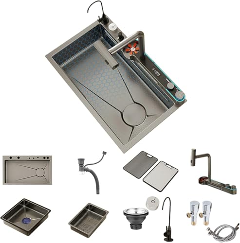 Küchenspülen Unterbau Küchenspüle Edelstahlspüle Einzelschüssel Küchenspülen Set Led-anzeige Integrierter Intelligenter Wasserhahn, One Color, 68x45CM von Generic