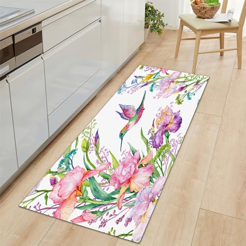 Küchenteppich 60x150 cm, Buntes Blumen-Kolibri-Muster Küchenmatte Rutschfestes Weiche Mikrofaser Waschbare, Wasser und Öl aufnehmen KüchenMatt Fußmatte Teppich für Esszimmer Küche Badezimmer von Generic