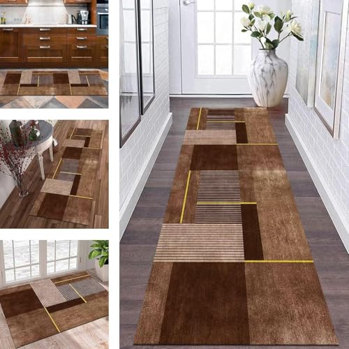Küchenteppich Läufer Teppich Flur rutschfeste Teppichmatten Küchenläufer 90 X 180 cm Blau Abstraktes Muster Korridor Teppich Läufer Waschbar Meterware Te, Braun Gelb, 60X100CM von Generic