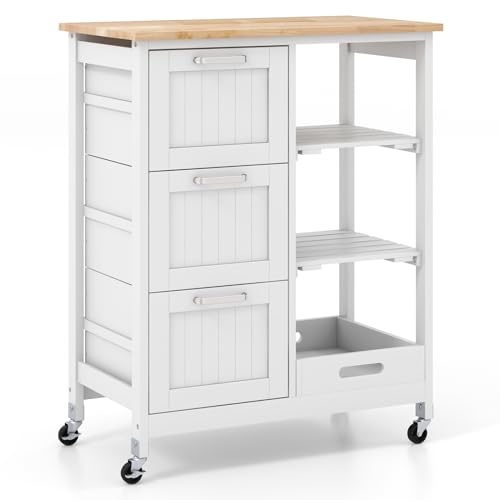 Küchenwagen, Rollwagen, Kücheninsel mit Rollen, Arbeitsplatte aus Gummibaumholz, abnehmbares Tablett, 2 Regale, 3 Schubladen, Servierwagen für Esszimmer und Bar zu Hause (weißer Korpus) von Generic